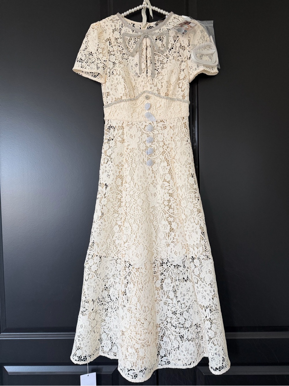 Self-Portrait Crystal Bow Lace Embellished Midi Dress NWT